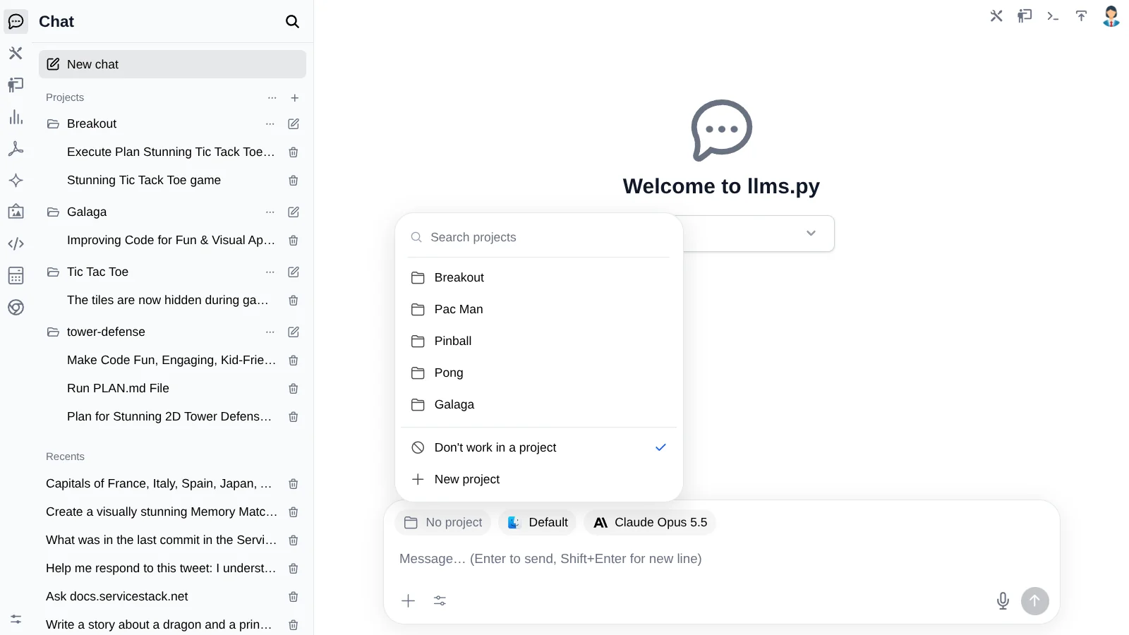 Chat prompt — Choose, change or create a project