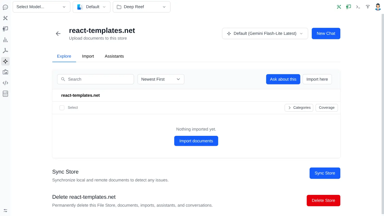 Gemini RAG File Store with Explore, Import and Assistants workspaces