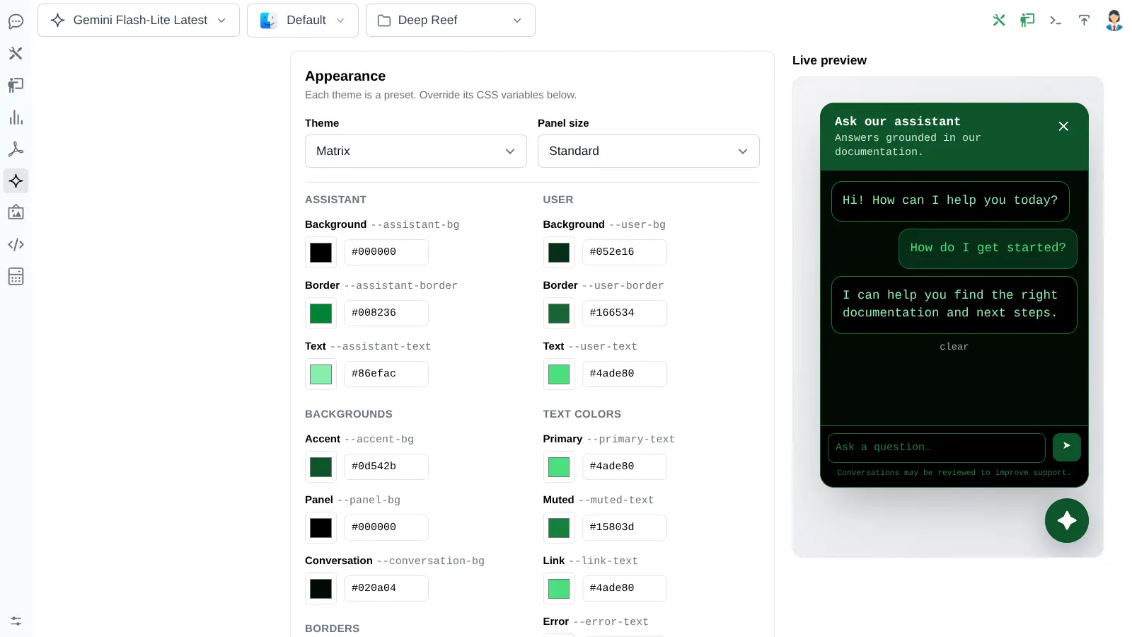 Matrix theme for a Gemini Website Assistant