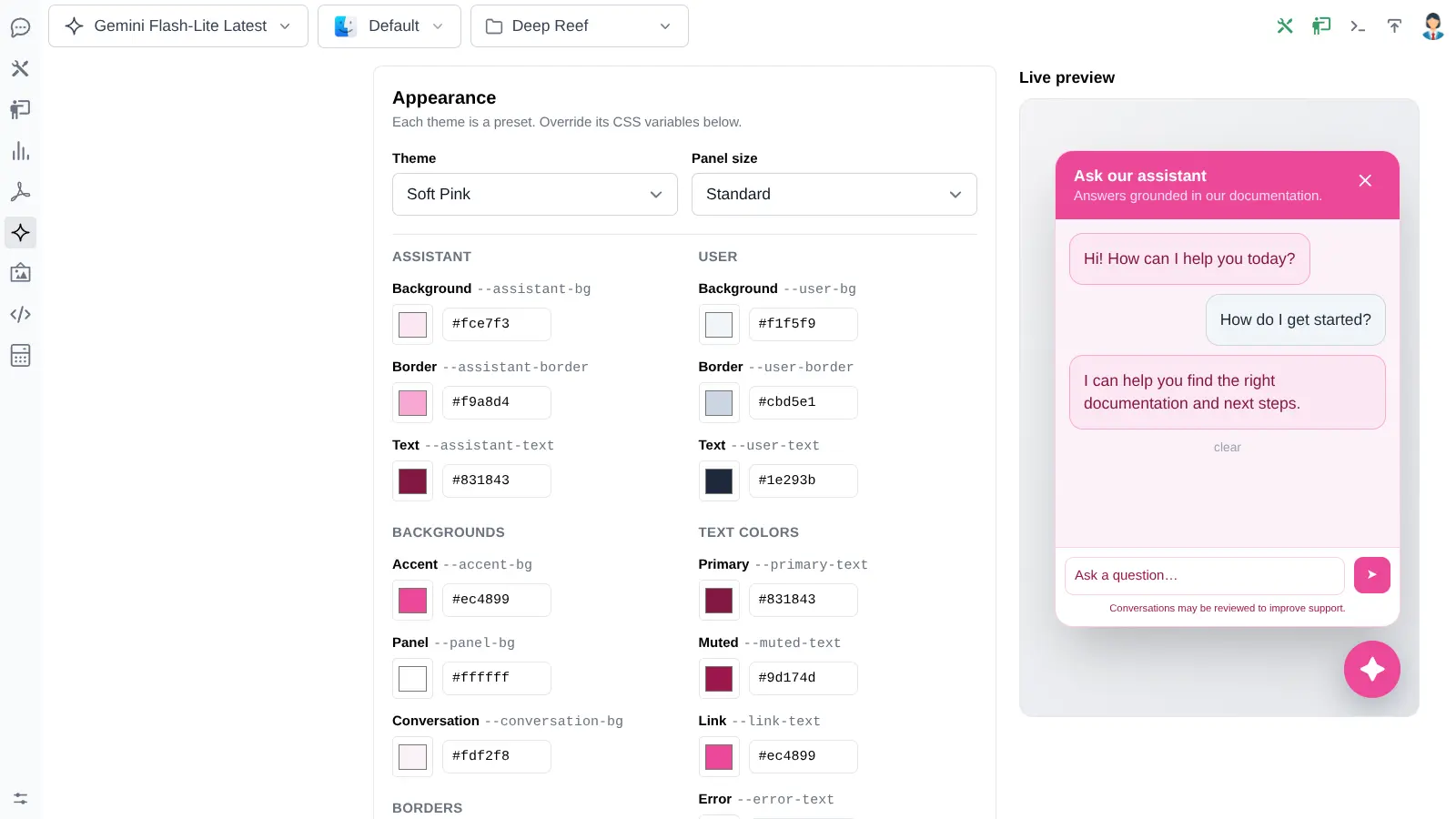 Design a Soft Pink Gemini Website Assistant with live preview
