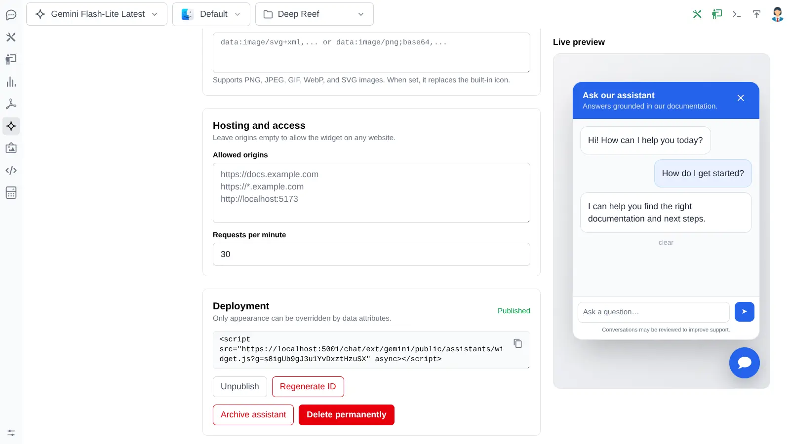 Publish and embed a Gemini Website Assistant
