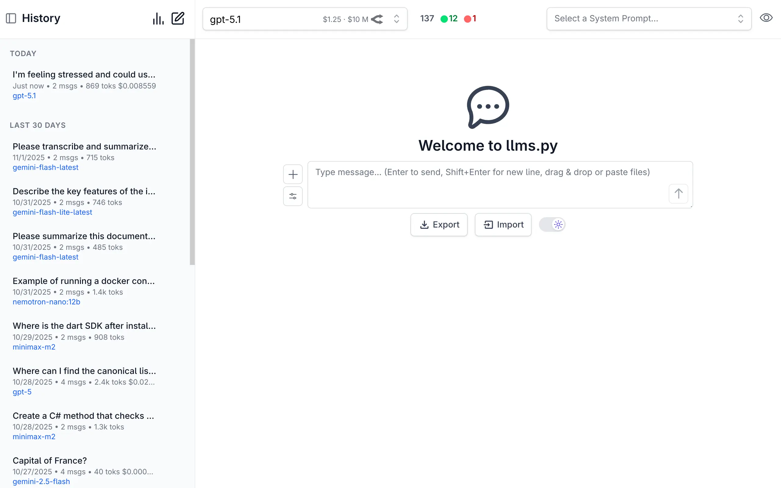 llms.py main chat interface showing conversation with AI